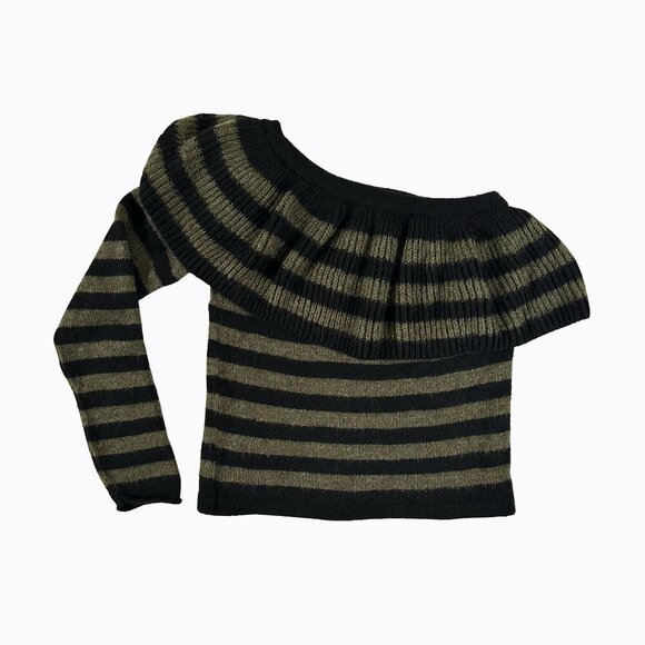 Asymmetric Ruffle One-Shoulder Sweater Sz S Black Olive Striped Y2K 90s Coquette - Picture 1 of 5